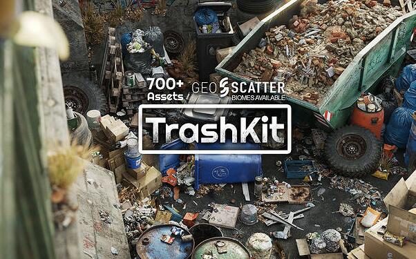 Blender插件 700种垃圾堆废品纸箱瓶子塑料袋罐子3D模型资产预设库Trash Kit – 3D Assetkit