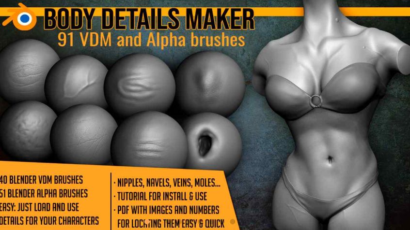 Blender预设 人体细节刻画Body Details VDM画笔Body Details Vdm Brushes For Blender