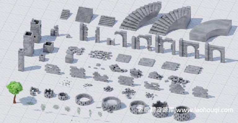 Blender城堡砖块废墟3D模型资产预设:Stylized Castle Ruins Asset Pack